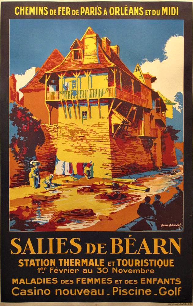 old building with woman washing clothes in a river, linen backed original French poster, fine condition,