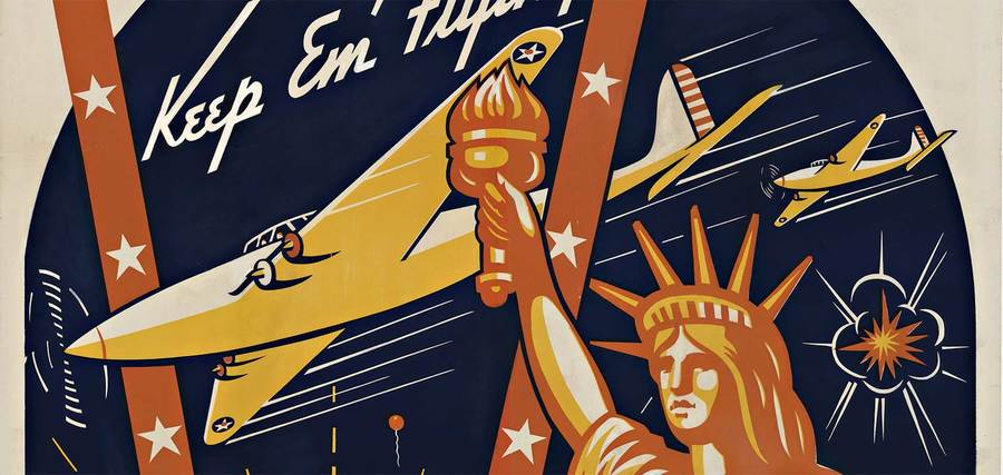 statue of liberty, airplane, letter "V" circus poster, war poster