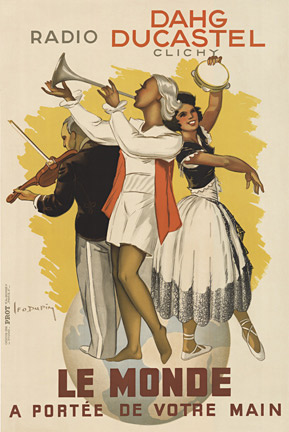 Original, linen backed, Radio Dahg Ducastel Clichy vintage poster. Le Monde A Portee de Votre Main. Le Monde a portee de votre main - Radio Dahg Ducastel, Clichy. <br>The image shows a woman playing a trumpet, a tamborine, and the back of a man playi