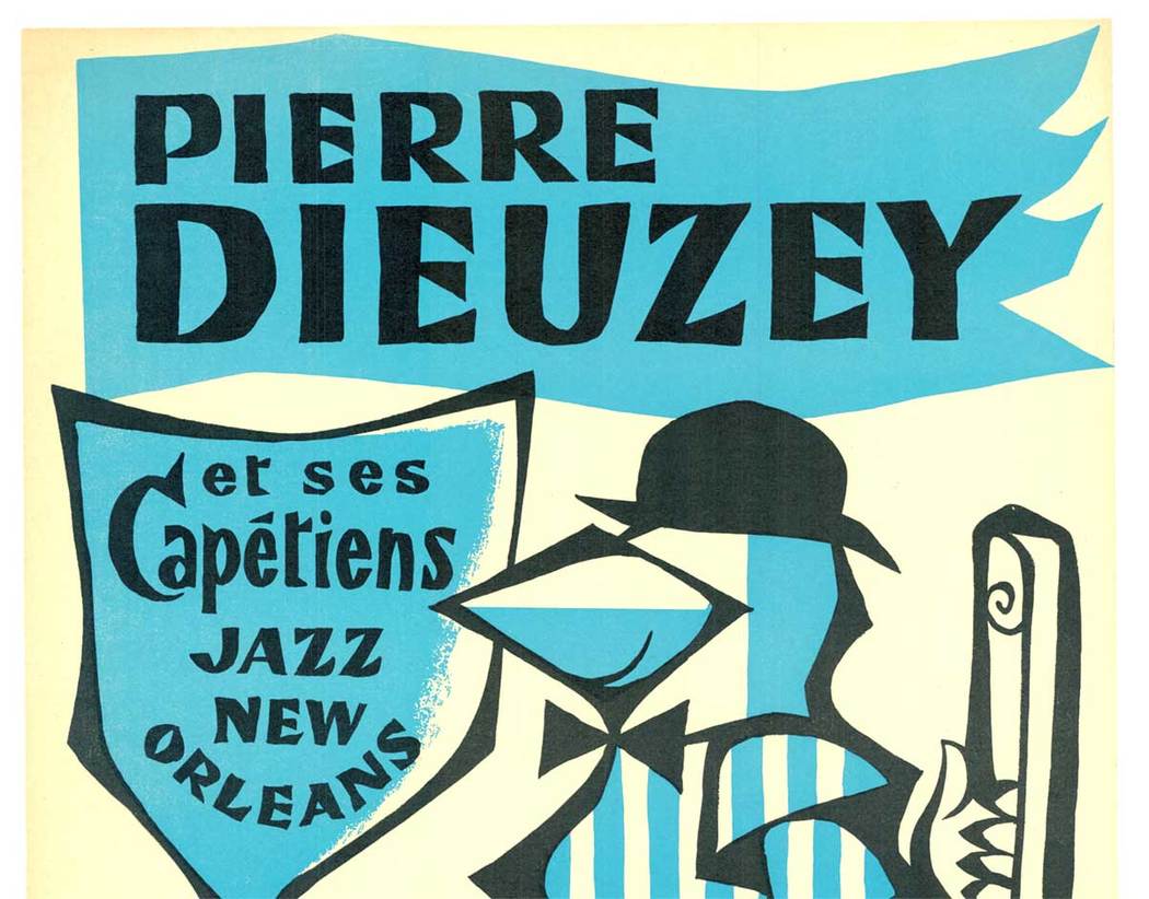  Rare original authentic jazz poster. Very fine condition, ready to frame. <br> <br>Linen backed lithograph Pierre Dieuzey et ses Capetiens Jazz New Orleans. A French jazz group. Shown in the image in costume holding a trumpet. Main colors are in