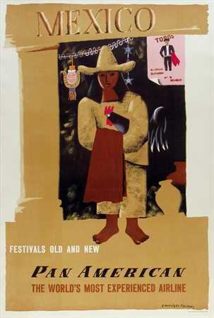Original poster: Mexico Pan Am Pan American. The world's most experienced airline. Festivals Old and New. <br> <br>Linen backed, ready to frame. Original McKnight Kauffer vintage travel poster to Mexico via Pan American Airlines. The World's Most