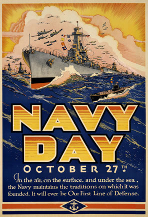 us Navy original poster, linen backed, world war 2, ship at sea,