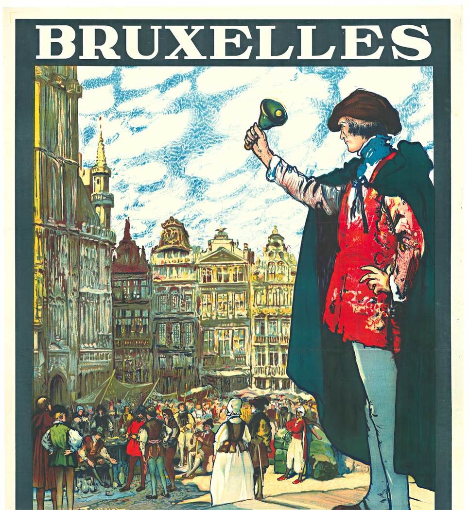 Original poster, scene of main square in Brussels, Belgium, linen backed, fine condition. Crowd shopping, man ringing a bell to call their attention. Lithograph.