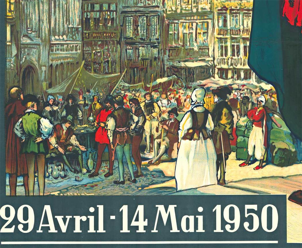 Original poster, scene of main square in Brussels, Belgium, linen backed, fine condition. Crowd shopping, man ringing a bell to call their attention. Lithograph.