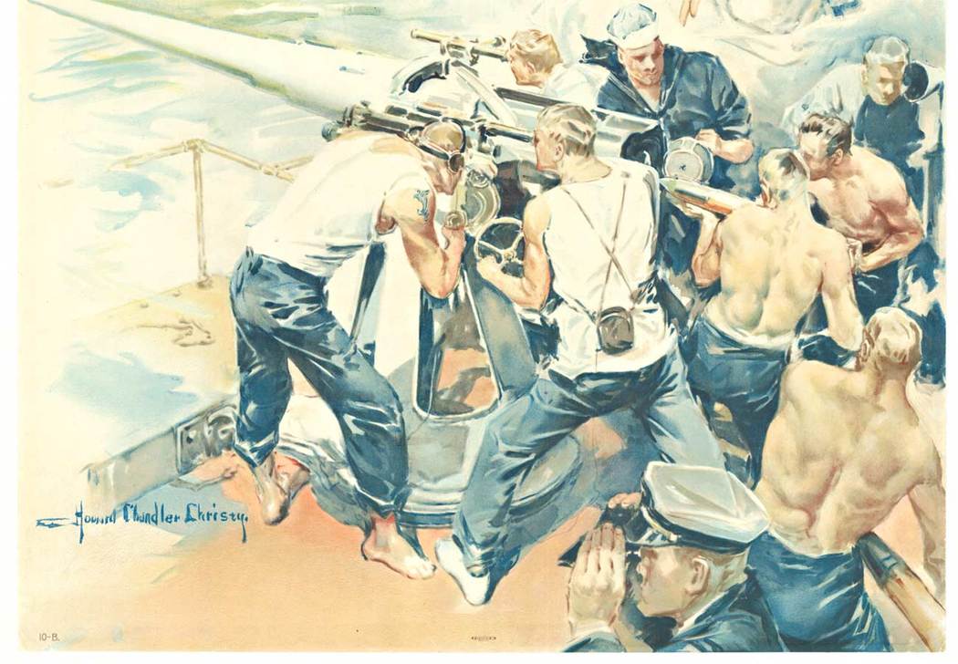 soliders on ship, big gun, lady liberty, linen backed original