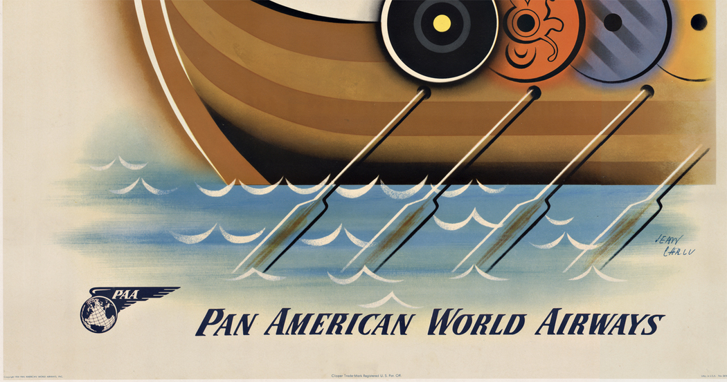Original SCANDINAVIA PAN AMERICAN WORLD AIRWAYS BY CLIPPER antique vintage poster by artist Jean Carlu (1900-1997). <br> <br>This antique vintage American travel poster "SCANDINAVIA by Clipper" features a colorful Viking ship decorated with shields and oa