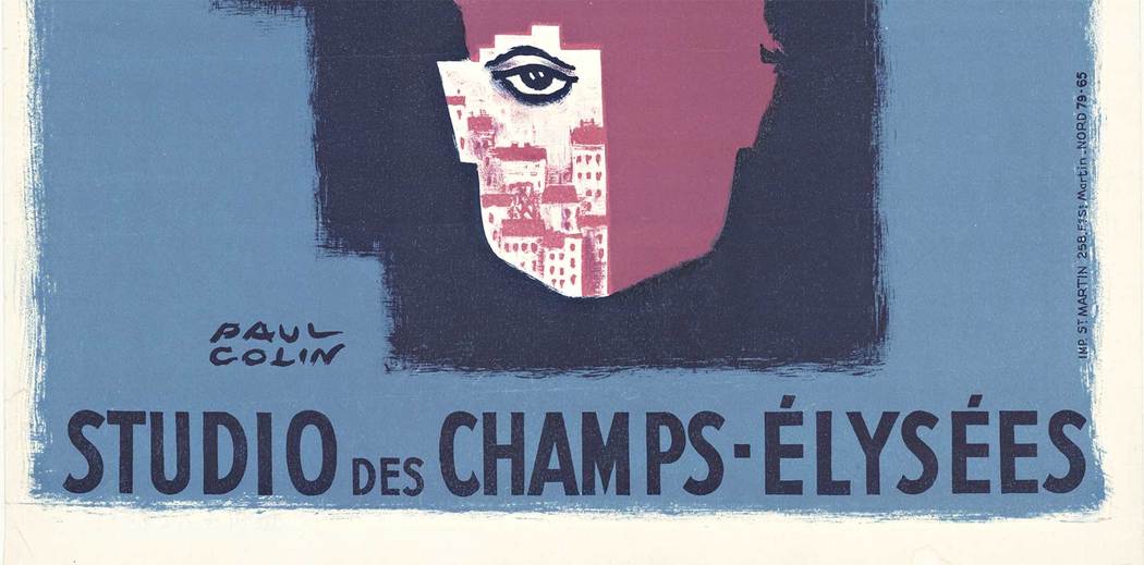Very good condition; Linen backed original Paul Colin "Un Homme Dans La Ville". Studio des Champs-Elysees. One of Colin's many theater poster designs featuring a striking image of a partial cityscape on the silhouettes of two men; in purple against a d
