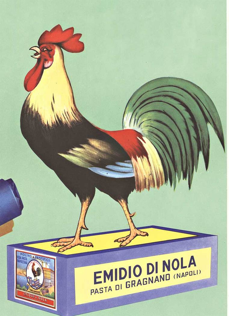 Emidio di Nola, original Italian pasta poster. Size 19" x 25.5". Professional acid-free archival linen backed; in excellent condition; ready to frame. Famous Italian macaroni. Produced in Gragnano, Italy. Like most all Italian vintage posters; 