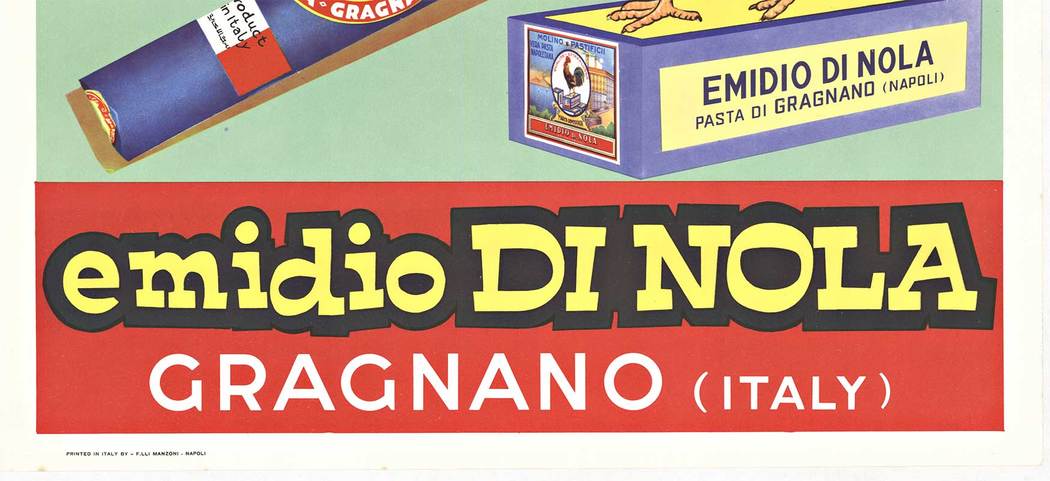 Emidio di Nola, original Italian pasta poster. Size 19" x 25.5". Professional acid-free archival linen backed; in excellent condition; ready to frame. Famous Italian macaroni. Produced in Gragnano, Italy. Like most all Italian vintage posters; 