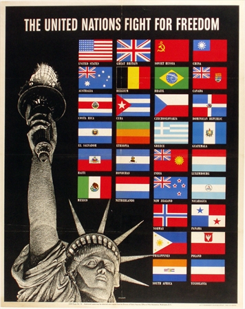 Original, linen backed, excellent condition vintage World War II poster: United Nations Fight For Freedom (L) <br> <br>Issued in 1942, just as the US was getting fully involved in the war, this poster by Broder represents an early use of the phrase that 