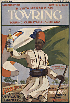 negro man with a bottle of Vermouth Bianco, Italian flag, small format, linen backed