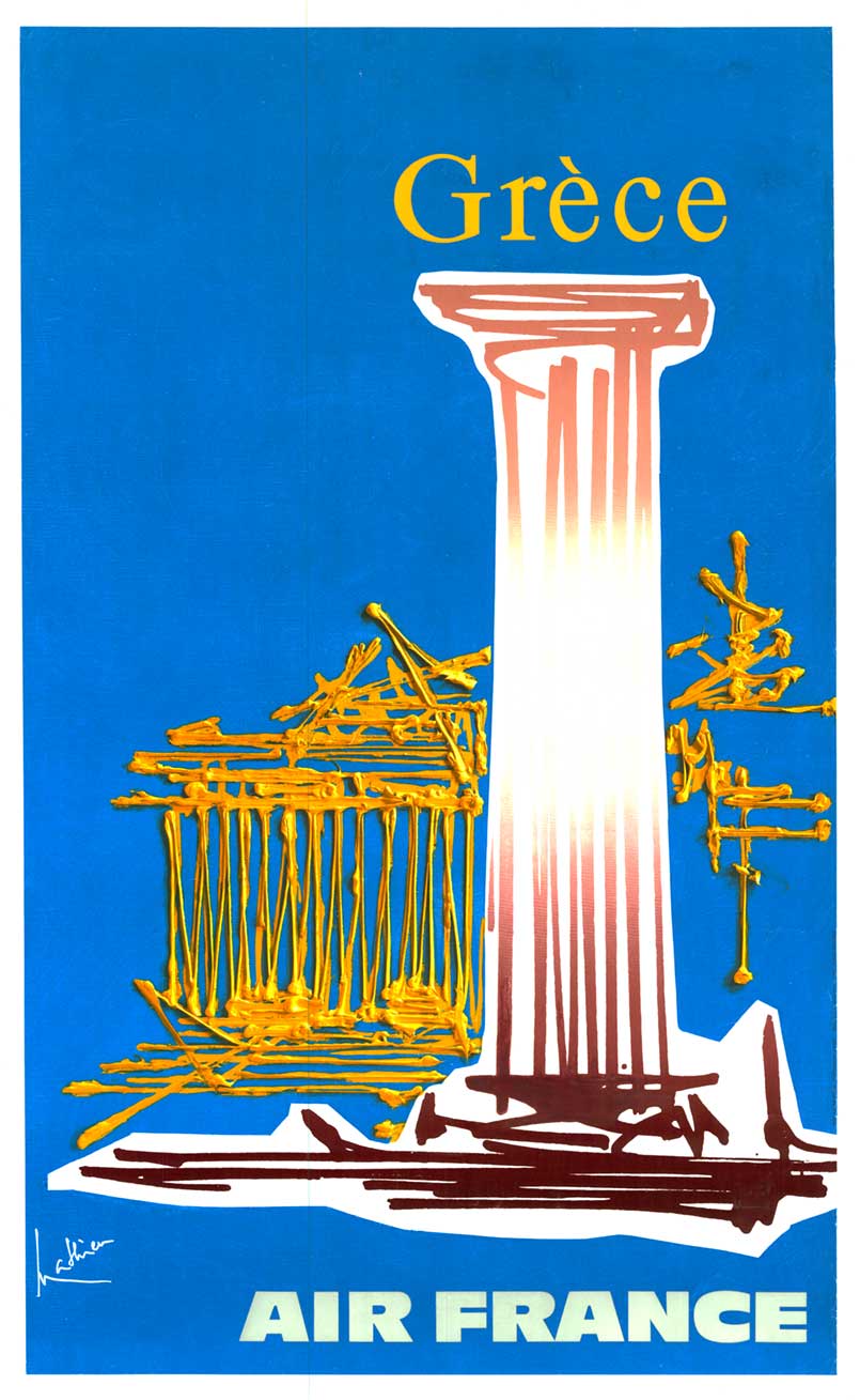 Air France, Air France poster, Greece, original poster, column, drawn building in background.