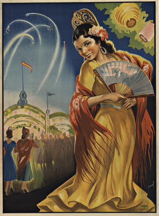 Linen backed beautiful lithograph of a Spanish signoretta in classic clothing at a city fair. Fireworks going off in the sky; you can see the grand buildings in the back above the crowds and heads. Paper lanterns hang in the tree to light her way. 