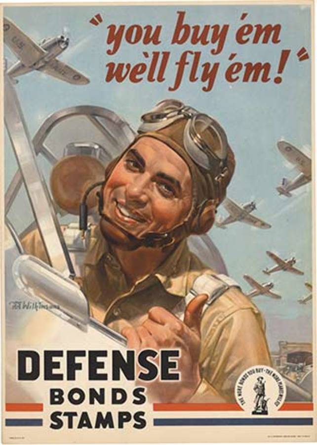 Original: You buy 'em We'll Fly 'em Defense Bonds Stamps World War II antique poster. <br>Linen backed You buy 'em We'll Fly 'em Defesne Bonds Stamps. This poster was created in a few different sizes during World War 2 and this is one of the smaller 