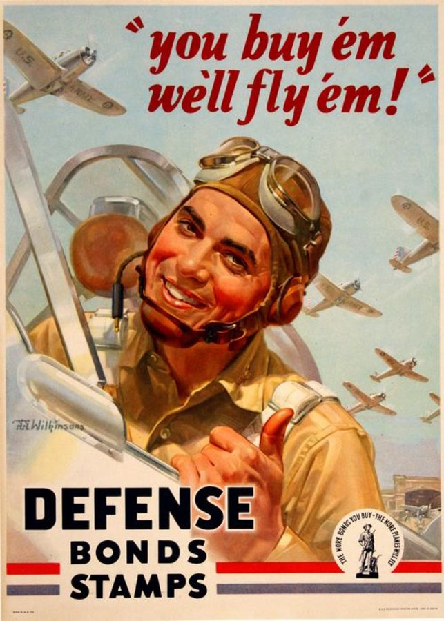 Original: You buy 'em We'll Fly 'em Defense Bonds Stamps World War II antique poster. <br>Linen backed You buy 'em We'll Fly 'em Defesne Bonds Stamps. This poster was created in a few different sizes during World War 2 and this is one of the smaller 