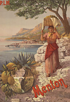 woman with basket on her head, beach scene of Menton, art nouveau linen backed, original poster.