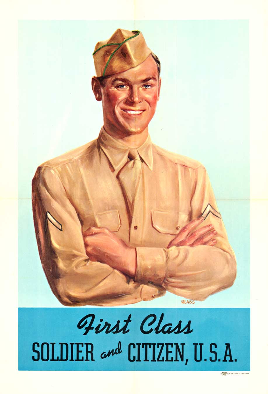 soldier in brown uniform, military poster 1947 A military recruitment poster for young men to join the military post World War 2. The poster features a clean-cut, handsome man in his military uniform with crossed arms smiling at you. Artist: Glass