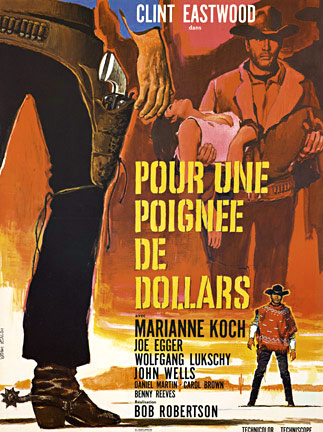 Original, rare small format, linen backed FOR A FISTFUL OF DOLLARS. French original theater poster POUR UNE POIGNEE DE DOLLARS in excellent condition. This is a genuine French ORIGINAL MOVIE POSTER issued by the studio when the film was released and me
