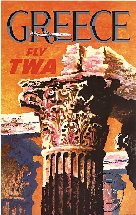 GREECE Fly TWA. Linen backed original travel poster,Fly TWA to Greece on the old Constellation aircraft which is shown in this image. Artist: David Klein; Size: 25" x 40". Ready to frame <br> <br>The ancient columns in this image could be from th