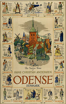 Odnse travel poster, linen backed, important people of Odense, original, fine onition