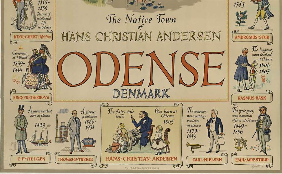 Odnse travel poster, linen backed, important people of Odense, original, fine onition