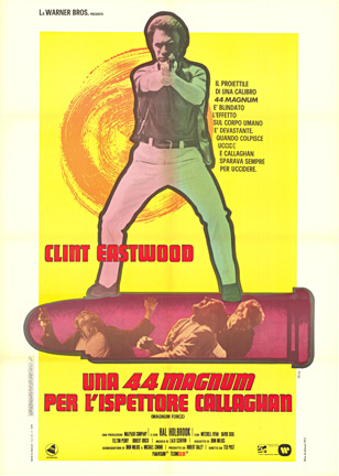Original Italian movie poster with Clint Eastwood, holding a gun, bright art, movie poster movie poster, linen backed, fine condition.