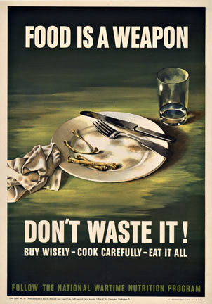plate, bones, glass of water, wwii poster, original, linen backed.