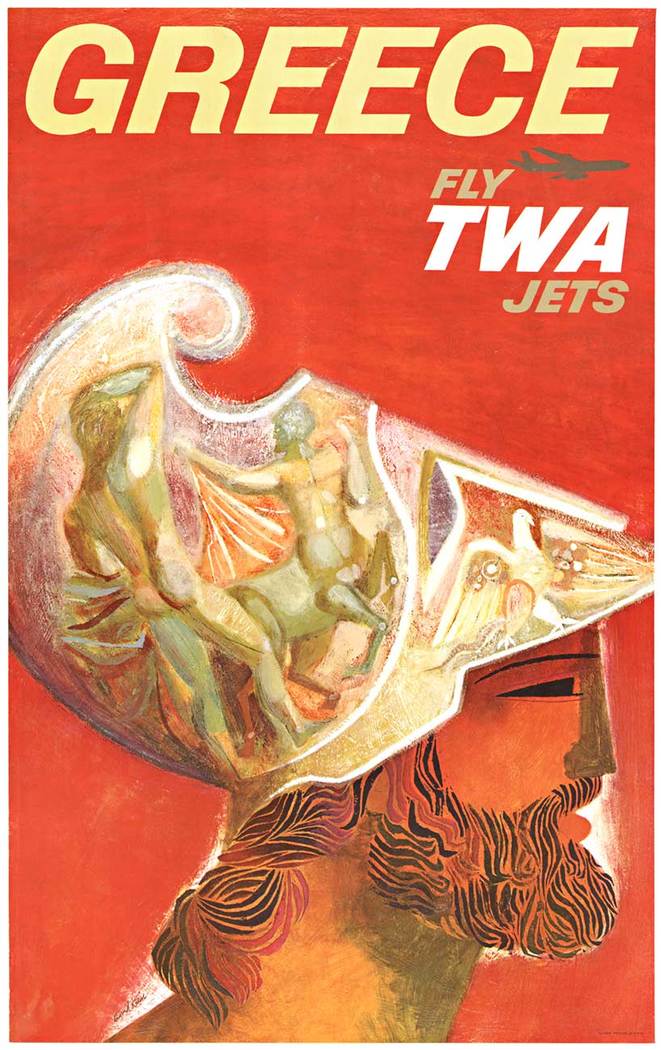 Original, linen backed vintage travel poster Greece Fly TWA Jets. Excellent condition. Artist: David Klein. <br>Professional acid-free archival linen backed; ready to frame. <br> <br>Brightly colored image by David Klein featuring a Greek warrior wit
