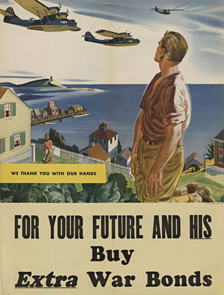 man looking up at planes flyinig overhead, working in a victory garden, WWII poster, linen backed, rare