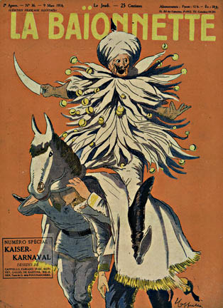 La Baionnette Kaiser Karnaval, Leonetto Cappiello, Belle Epoque, Man on Horse, Dagger,1916, Man in horse Mask, French Military Men, Orange, Caraciture