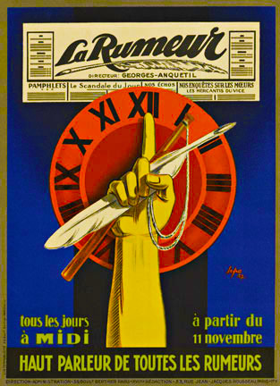 Severo Pozzati Sepo, La Rumeur, Clock Hand pointing to 12 o‘ clock, Hand holding a quill, Speaker of all rumors, Original vintage Magazine cover