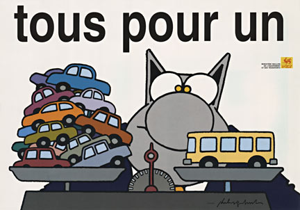 comic, cars on a scale; bus on a scale linen backed, French poster