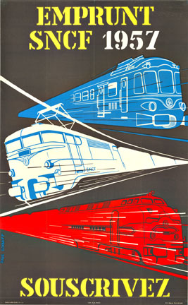 blue train, white train, red train. SNCF French railroad poster, linen backed, fine condition.