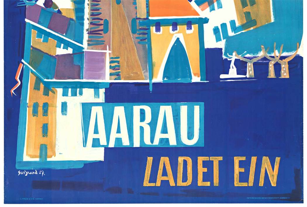 Abstract painting view of the city of Aarau. Linen backed original travel poster, fine condition. Fun and interesting design. Swiss travel poster.
