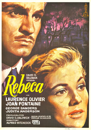 Rebecca starring Laurence Olivier and Joan Fontaine. Movie poster, re-release, linen backed