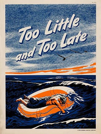 miliary poster, man floating in a life raft in the ocean, seagull overhead, printed by General Electric, rare military poster, linen backed, fine condition,