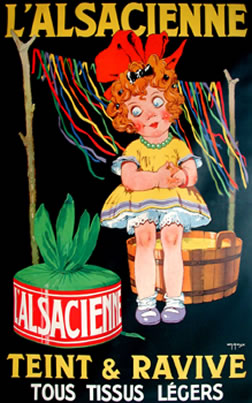 very large format original stone lithograph. A little girl with colored string handing on a clothes line behind here. A wooden wash tub. French poster, linen backed, very good condition.