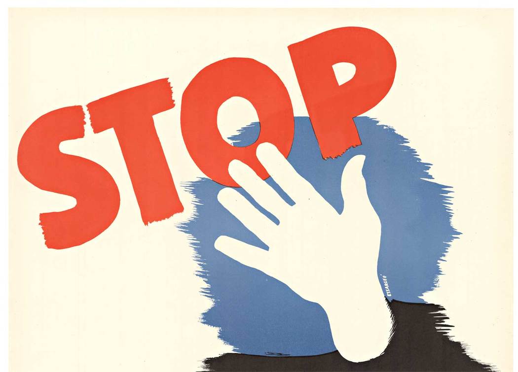 Hand with big word Stop, original, linen backed WWII poster