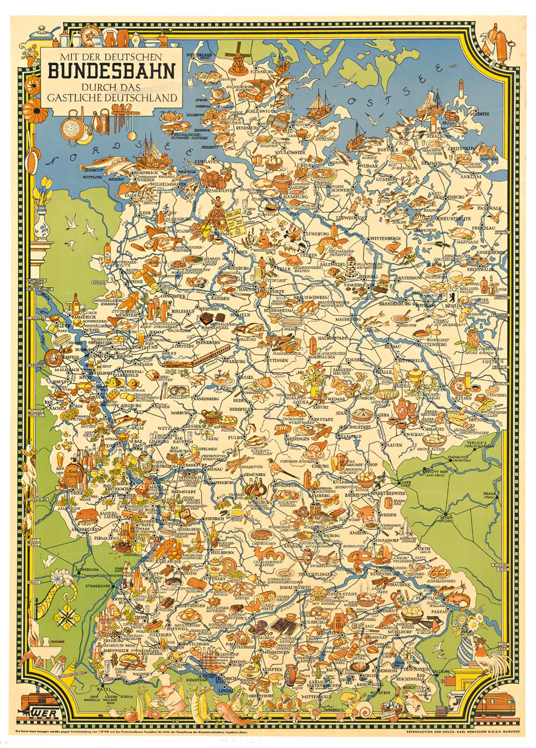 hospitality and food map of Germany. Linen backed original poster