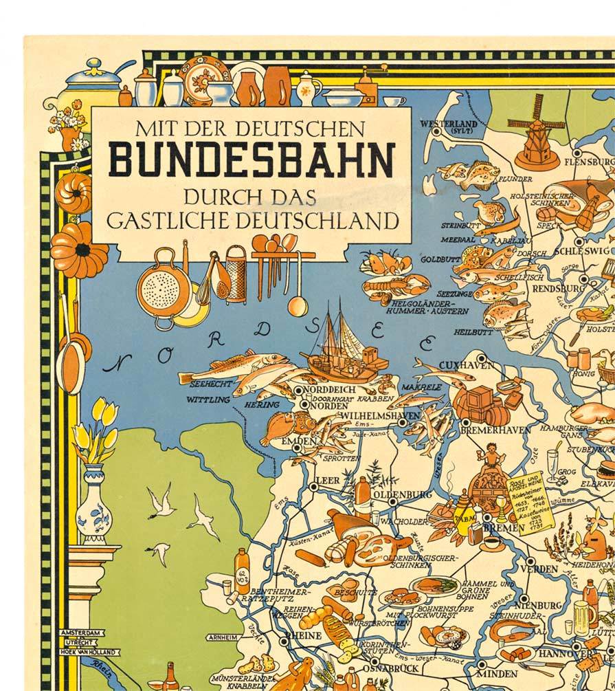 hospitality and food map of Germany. Linen backed original poster