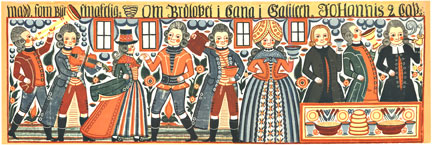 Linen backed horizontal vintage poster from Sweden. It is supposed to be of The Wedding at Cana as depicted in the style of southern Swedish folk art. Wall hangins would be produced with such images from the mid 18th to the mid 19th century in the 