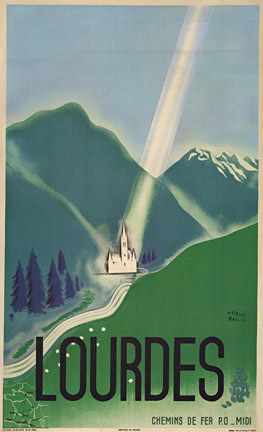 Lourdes vintage poster, church, ray of sun from the sky
