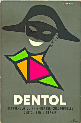 Dentol, Original Vintage Poster, Ephemera, Vibrant colors, Pierre Fix Masseau, Man in mask, Smile, Dentol Chlorophylle
