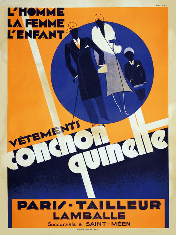 art deco original poster, French poster, fashion design with a man, woman and a child, large letters, linen backed, excellent condition.