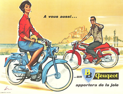 Peugeot Cycles - Motorcycle, original horizontal format French poster. Signed by the artist but illegible. Acid free archival linen backed and ready to frame. <br> <br>Linen backed original horizontal format Peugeot moped and motorcycle poster from