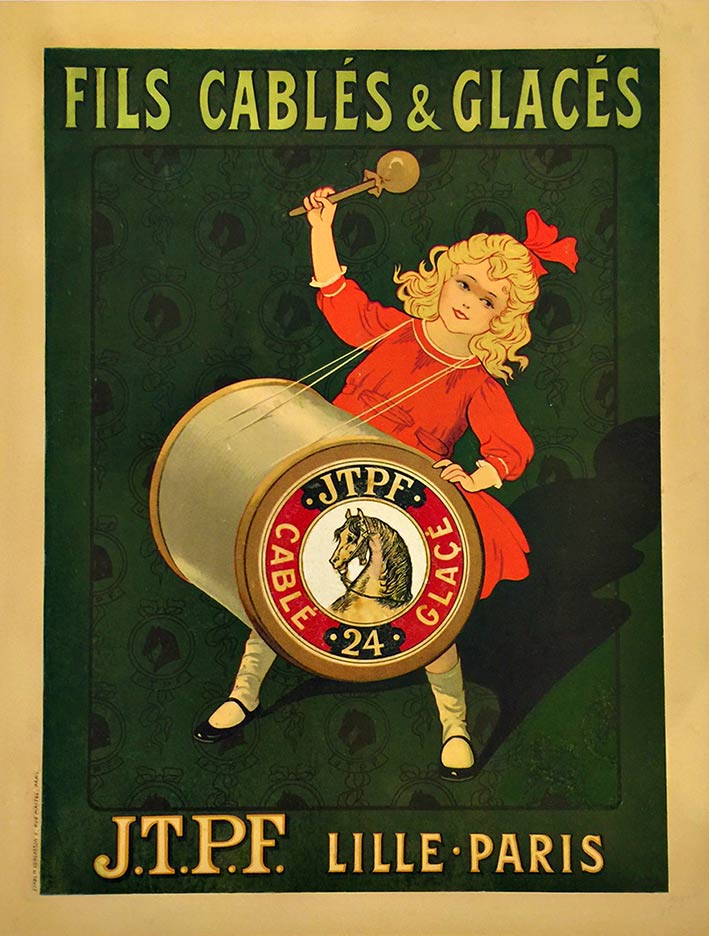 Fils Cables and Glaces, France, Sewing, Seamstress, Tailor, Art Nouveau, J.T.P.F., Paris, Girl with Drum, Girl with a red ribbon, Rare Original Vintage Poster
