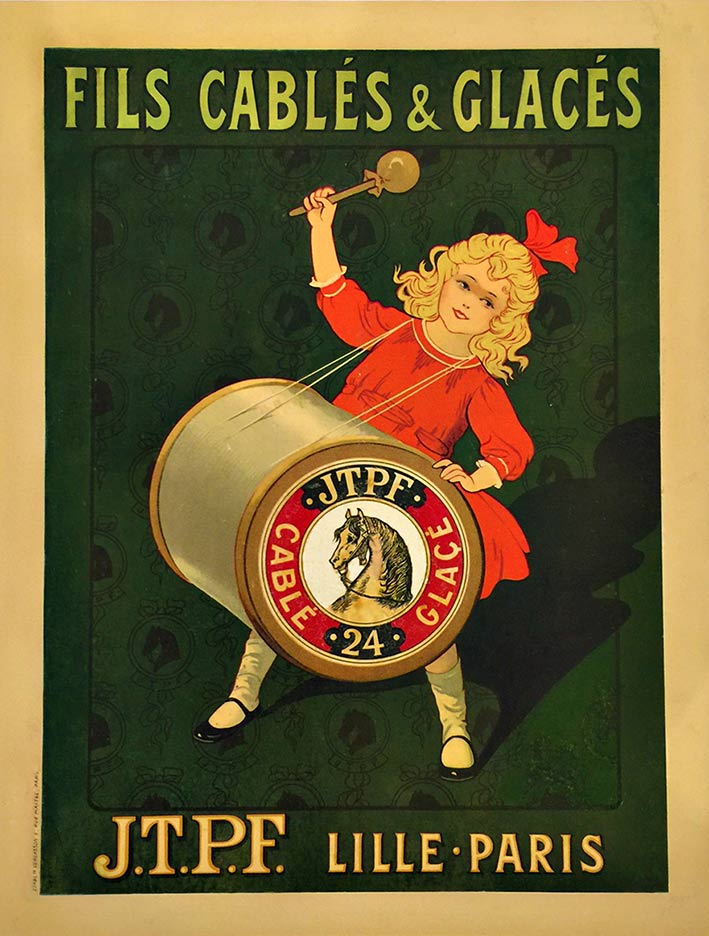 Anonymous Artists - Fils Cables & Glaces Fils Cables and Glaces, France, Sewing, Seamstress, Tailor, Art Nouveau, J.T.P.F., Paris, Girl with Drum, Girl with a red ribbon, Rare Original Vintage Poster