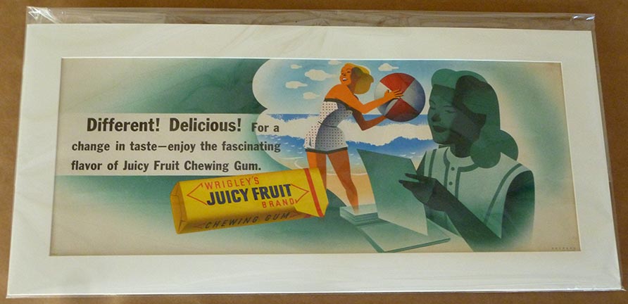 Otis Shepard, Rare original horizontal format Juicy Fruit Gum created by the artist that did the great posters for the Island of Catalina which was owned by Wrigleys. Presented in an acid-free mat for protection that is also suitable for framing.