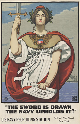 lady holding a sword, sea and ship in back ground, linen backed, original rare WW1 vintage poster