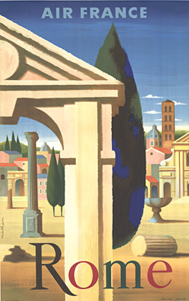 Rome Italy, portico, old Rome, watercolor design, pastel, linen backed Air France poster